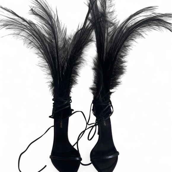 YSL Black Feather Lace-Up Stiletto Sandals - Picture 3 of 10